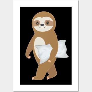 Cute baby sloth walking with a pillow Posters and Art